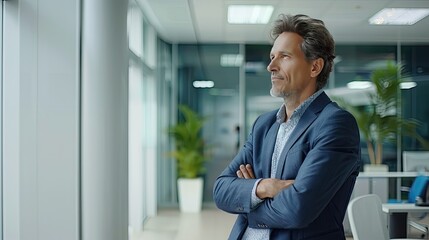Fototapeta premium A businessman in a suit stands with his arms crossed in a modern office lobby, with large windows and a polished floor