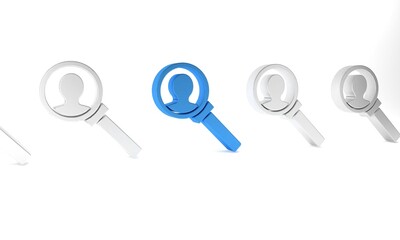 Blue Magnifying glass for search icon isolated on white background. Recruitment or selection concept. Search for employees and job. Minimalism concept. 3D render illustration