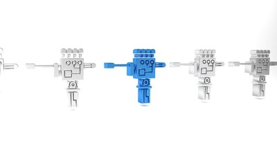 Blue Mechanical robot hand and screwdriver tool icon isolated on white background. Robotic arm symbol. Technological concept. Minimalism concept. 3D render illustration
