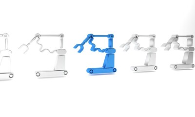 Blue Industrial machine robotic robot arm hand factory icon isolated on white background. Industrial robot manipulator. Minimalism concept. 3D render illustration