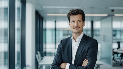 Fototapeta premium A businessman in a suit stands with his arms crossed in a modern office lobby, with large windows and a polished floor