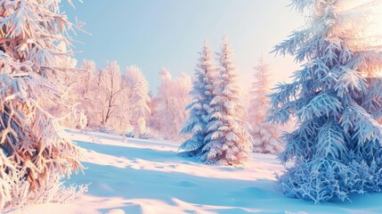 Stunning winter scene with snow covered trees in the morning sun and clear blue sky Festive snowy backdrop with room for text