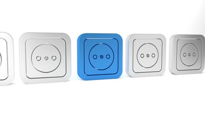 Blue Electrical outlet icon isolated on white background. Power socket. Rosette symbol. Minimalism concept. 3D render illustration