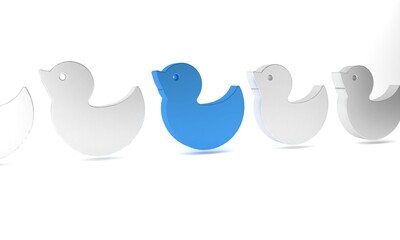 Blue Rubber duck icon isolated on white background. Minimalism concept. 3D render illustration