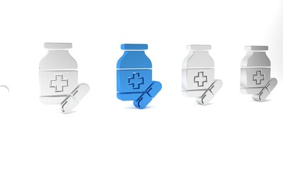 Blue Medicine bottle and pills icon isolated on white background. Bottle pill sign. Pharmacy design. Minimalism concept. 3D render illustration