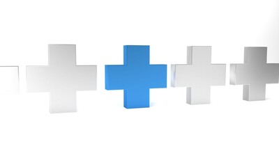 Blue Cross hospital medical icon isolated on white background. First aid. Diagnostics symbol. Medicine and pharmacy sign. Minimalism concept. 3D render illustration