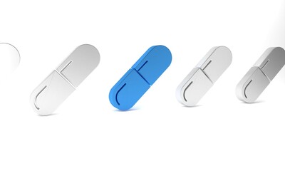 Blue Medicine pill or tablet icon isolated on white background. Capsule pill and drug sign. Pharmacy design. Minimalism concept. 3D render illustration