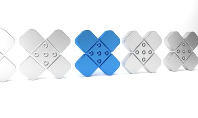 Blue Crossed bandage plaster icon isolated on white background. Medical plaster, adhesive bandage, flexible fabric bandage. Minimalism concept. 3D render illustration