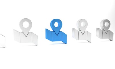 Blue Folded map with location marker icon isolated on white background. Minimalism concept. 3D render illustration