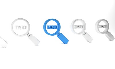 Blue Magnifying glass and taxi car icon isolated on white background. Taxi search. Minimalism concept. 3D render illustration