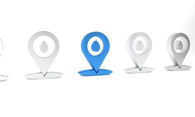 Blue Refill petrol fuel location icon isolated on white background. Gas station and map pointer. Minimalism concept. 3D render illustration