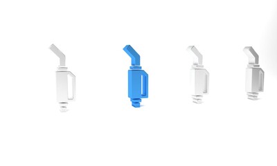 Blue Gasoline pump nozzle icon isolated on white background. Fuel pump petrol station. Refuel service sign. Gas station icon. Minimalism concept. 3D render illustration