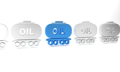 Blue Oil railway cistern icon isolated on white background. Train oil tank on railway car. Rail freight. Oil industry. Minimalism concept. 3D render illustration