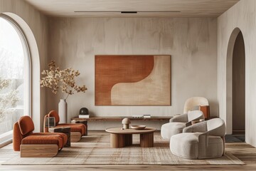 Living Room with Geometric Shapes and Simple Artwork: A minimalist living room mockup with geometric furniture and abstract art.
