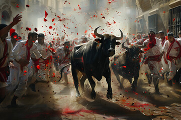 The San Fermin running of the bulls between people and bulls in Pamplona in Spain