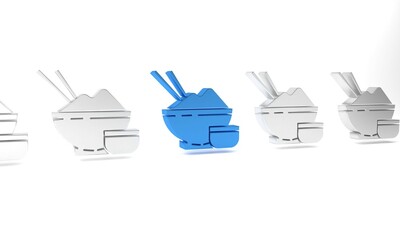 Blue Rice in a bowl with chopstick and sauce icon isolated on white background. Traditional Asian food. Minimalism concept. 3D render illustration