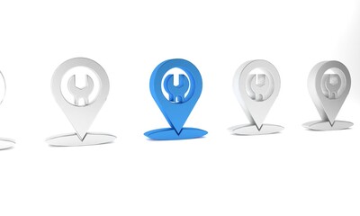 Blue Car service icon isolated on white background. Auto mechanic service. Repair service auto mechanic. Maintenance sign. Minimalism concept. 3D render illustration