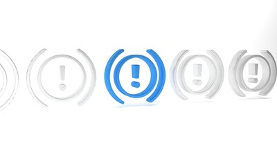 Blue Brake system warning icon isolated on white background. Exclamation mark in the car. Dashboard attention sign. Minimalism concept. 3D render illustration