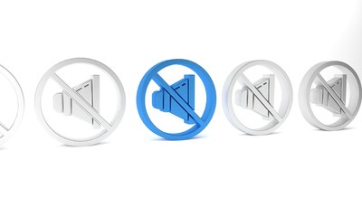Blue Speaker mute icon isolated on white background. No sound icon. Volume Off symbol. Minimalism concept. 3D render illustration