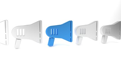 Blue Megaphone icon isolated on white background. Loud speach alert concept. Bullhorn for Mouthpiece scream promotion. Minimalism concept. 3D render illustration