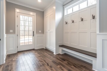 Minimalist Mudroom with Built-In Bench and Storage Hooks: A minimalist mudroom mockup featuring a built-in bench and storage hooks.