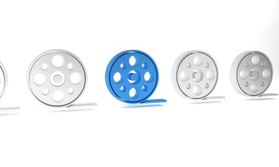 Blue Film reel icon isolated on white background. Minimalism concept. 3D render illustration