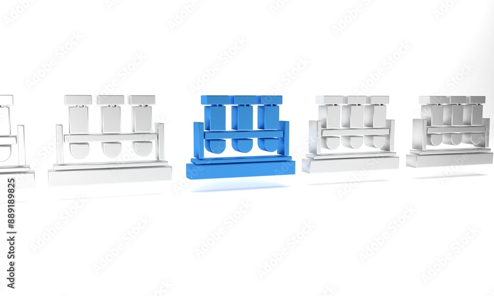 Sticker Blue Test tube and flask chemical laboratory test icon isolated on white background. Laboratory glassware sign. Minimalism concept. 3D render illustration