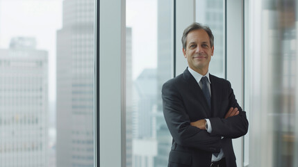 Fototapeta premium Confident businessman standing in front of the window, arms crossed and smiling with skyscrapers visible outside. 