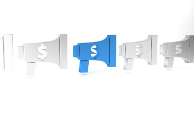 Blue Megaphone and dollar icon isolated on white background. Loud speach alert concept. Bullhorn for Mouthpiece scream promotion. Minimalism concept. 3D render illustration