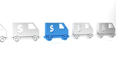 Blue Armored truck icon isolated on white background. Minimalism concept. 3D render illustration