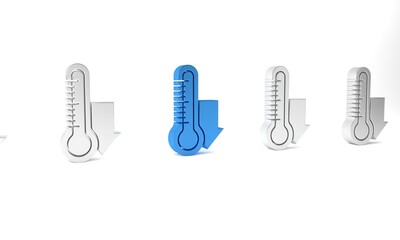 Blue Meteorology thermometer measuring icon isolated on white background. Thermometer equipment showing hot or cold weather. Minimalism concept. 3D render illustration