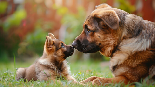 A dog animal dad, father or mom, mother parent and puppy parenting concept