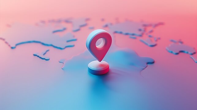 3D location pin on abstract world map with soft gradient lighting, representing global positioning, GPS, navigation, and geolocation concept