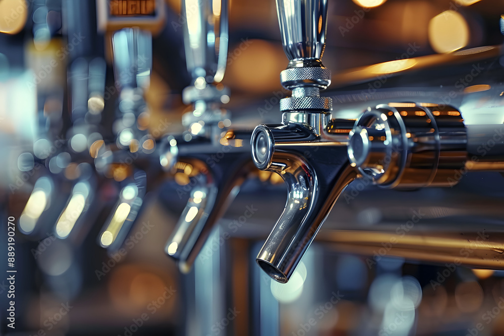 Poster a close-up view of several beer taps in a row, ideal for use in advertising or promotional materials