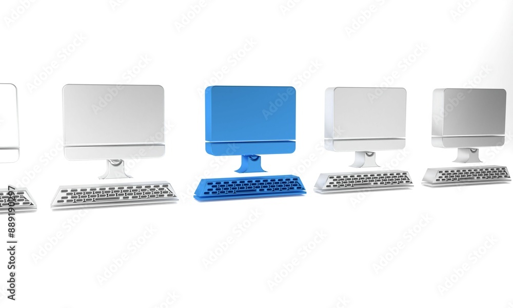 Poster blue computer monitor with keyboard icon isolated on white background. pc component sign. minimalism