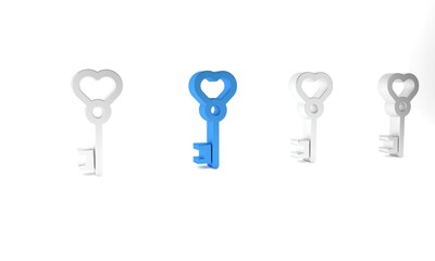 Blue Key in heart shape icon isolated on white background. Valentines day. Minimalism concept. 3D render illustration