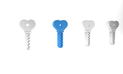 Blue Key in heart shape icon isolated on white background. Valentines day. Minimalism concept. 3D render illustration