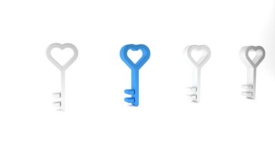 Blue Key in heart shape icon isolated on white background. Valentines day. Minimalism concept. 3D render illustration
