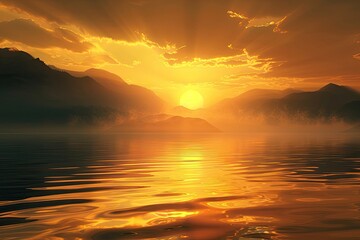 Fototapeta premium Stunning sunset over mountains and a lake. Perfect for projects about tranquility, nature, and the beauty of the outdoors.