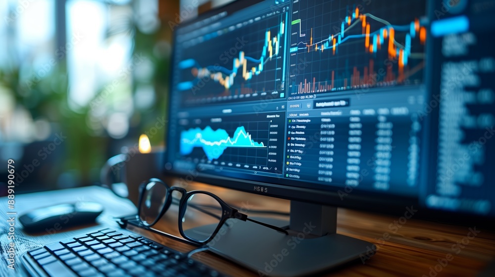 Poster computer monitor displaying stock market charts and data