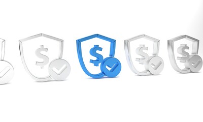 Blue Shield with dollar symbol icon isolated on white background. Security shield protection. Money security concept. Minimalism concept. 3D render illustration