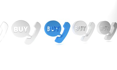Blue Phone and speech bubble with text Buy icon isolated on white background. Online buying symbol. Supermarket basket symbol. Minimalism concept. 3D render illustration