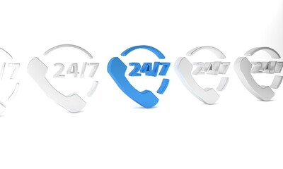 Blue Telephone 24 hours support icon isolated on white background. All-day customer support call-center. Full time call services. Minimalism concept. 3D render illustration