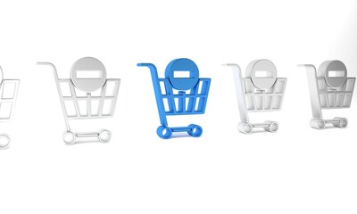 Blue Remove shopping cart icon isolated on white background. Online buying concept. Delivery service. Supermarket basket and X mark. Minimalism concept. 3D render illustration