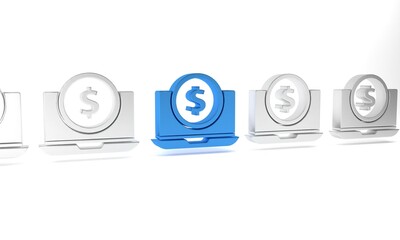 Blue Laptop with dollar symbol icon isolated on white background. Online shopping concept. Earnings in the Internet, marketing. Minimalism concept. 3D render illustration