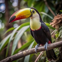 Obraz premium Colorful tropical toucan bird perched on a branch in the rainforest