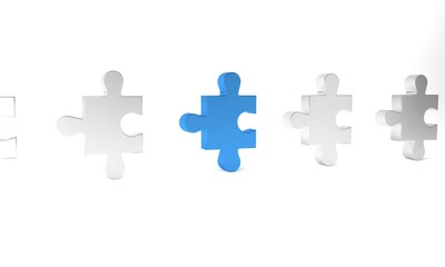 Blue Piece of puzzle icon isolated on white background. Modern flat, business, marketing, finance, internet concept. Minimalism concept. 3D render illustration