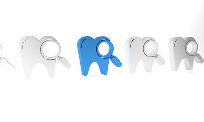 Blue Dental search icon isolated on white background. Tooth symbol for dentistry clinic or dentist medical center. Minimalism concept. 3D render illustration