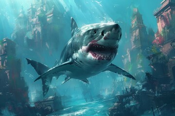 Great white shark swims past an underwater city. Perfect for a fantasy or horror film.