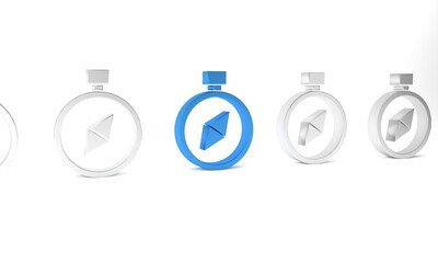 Blue Compass icon isolated on white background. Windrose navigation symbol. Wind rose sign. Minimalism concept. 3D render illustration